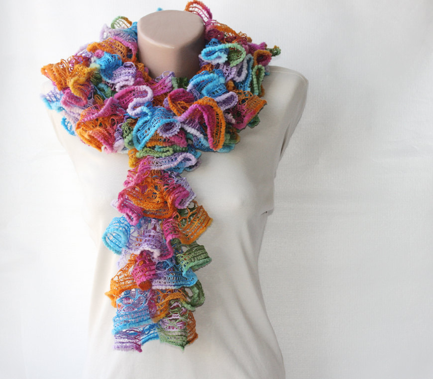 Knit Frilly Scarf Rainbow Colors