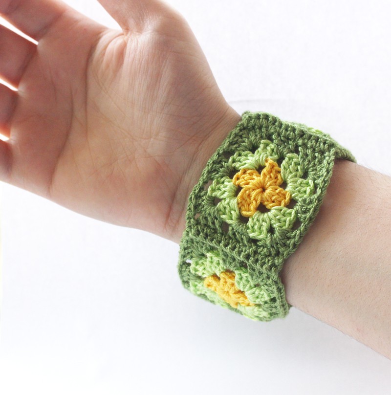 Crochet Bracelet Fiber Bangle Cuff Granny Square Wristband Green Yellow