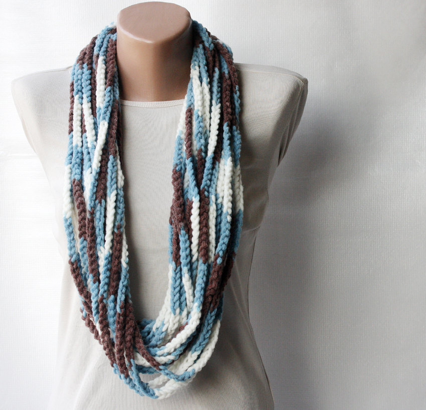 Crochet Scarf - Infinity Chunky Wool Blend - Multicolor White Brown Blue - Autumn Accesories Fall Fashion