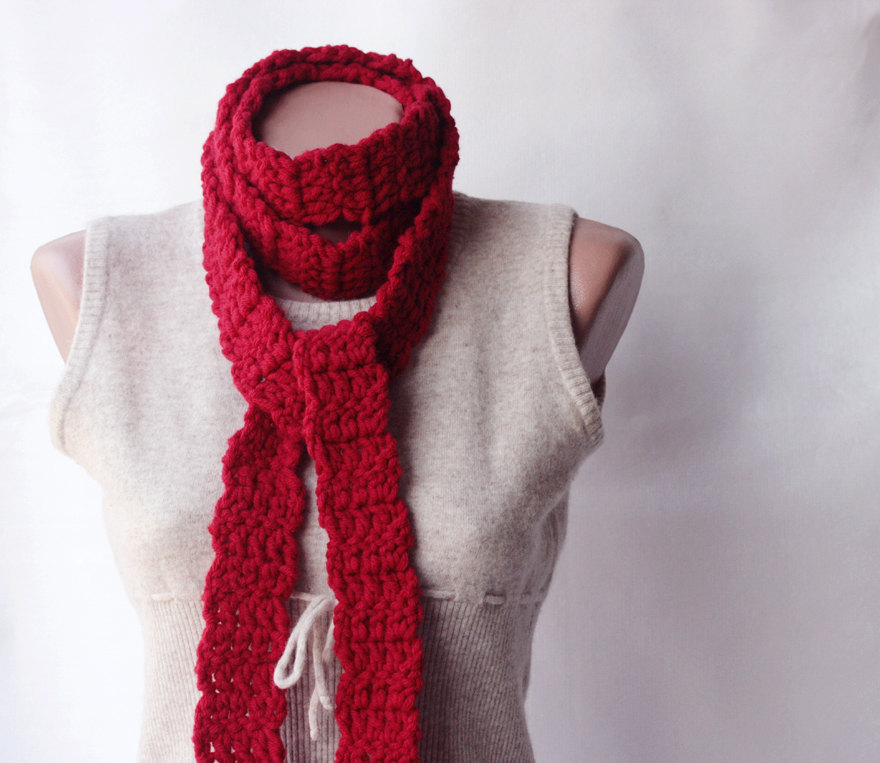 Red Crochet Scarf Wool Blend Crochet Long Scarf Autumn Accessories Fall Fashion