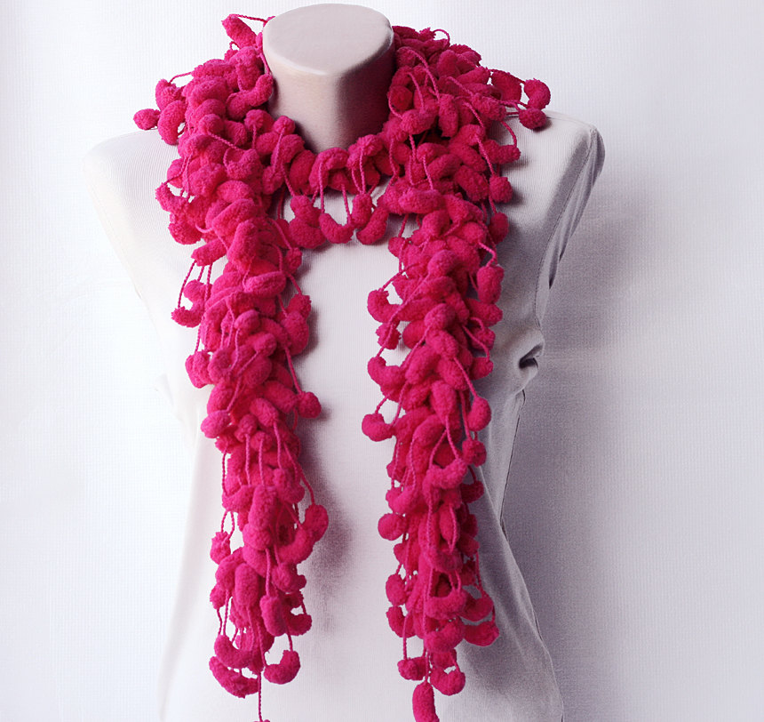 Magenta Crochet Scarf - Chunky Curly Mulberry Cocoon